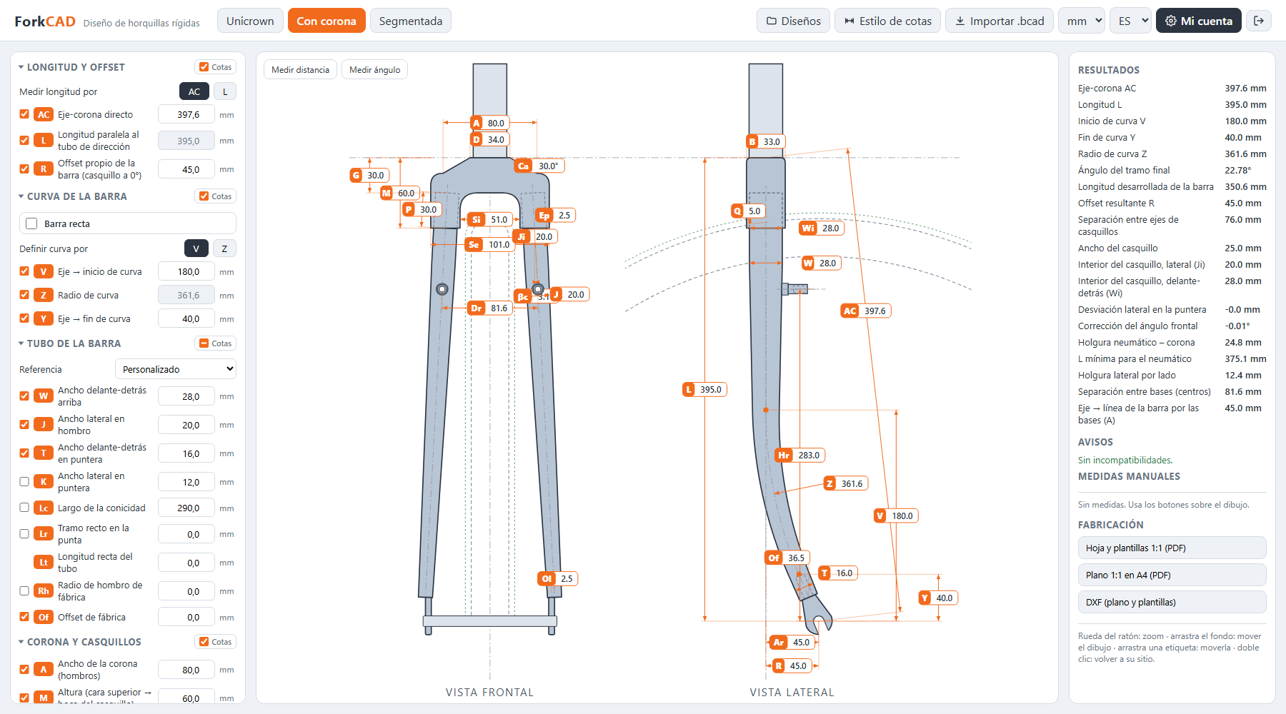 Horquilla en ForkCAD con bases de V-brake a la altura y separación del estándar Shimano